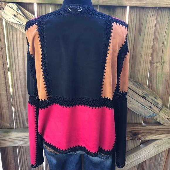 T &W Designs Colorblock Patchwork Faux Suede & Black Crochet Cardigan Size L - Picture 3 of 7